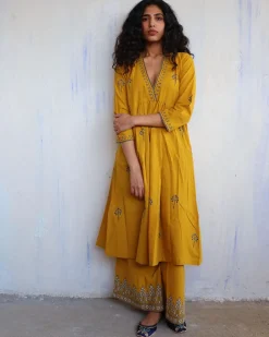 Mustard Block Printed Cotton Kurta Set Of 2 -Easy