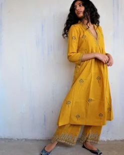 Mustard Block Printed Cotton Kurta Set Of 2 -Easy