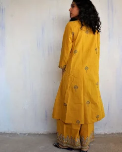 Mustard Block Printed Cotton Kurta Set Of 2 -Easy