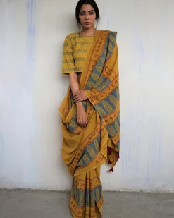 Mustard Block Printed Cotton Mul Saree - God