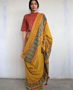 Mustard Block Printed Cotton Mul Saree - God