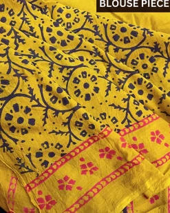 Mustard Block Printed Cotton Mul Saree - God