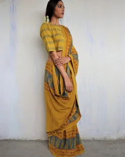Mustard Block Printed Cotton Mul Saree - God