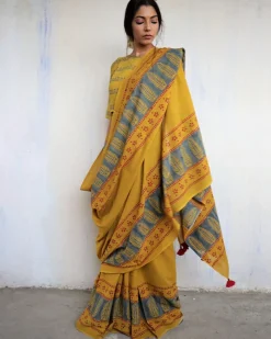 Mustard Block Printed Cotton Mul Saree - God