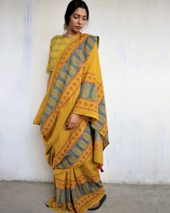 Mustard Block Printed Cotton Mul Saree - God