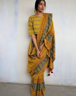 Mustard Block Printed Cotton Mul Saree - God
