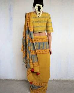 Mustard Block Printed Cotton Mul Saree - God