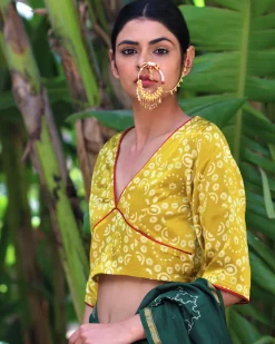 Mustard Blockprinted Mashru Silk Blouse-Chand Se