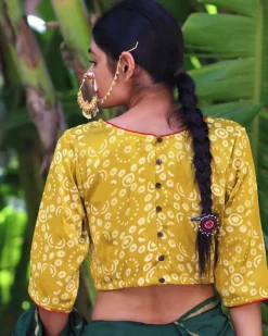 Mustard Blockprinted Mashru Silk Blouse-Chand Se
