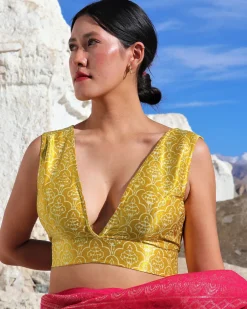 Mustard Blockprinted Mashru Silk Blouse-Lagn