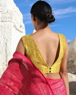 Mustard Blockprinted Mashru Silk Blouse-Lagn