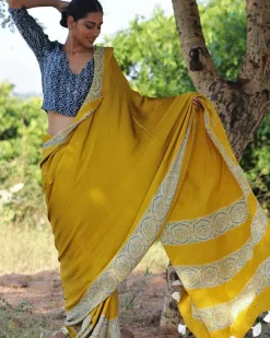 Mustard Blockprinted Modal Silk Saree - Rang
