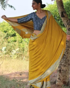 Mustard Blockprinted Modal Silk Saree - Rang