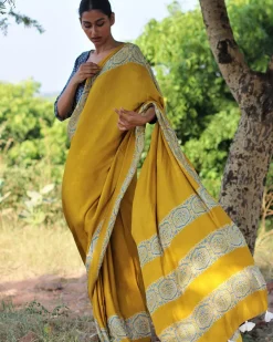 Mustard Blockprinted Modal Silk Saree - Rang