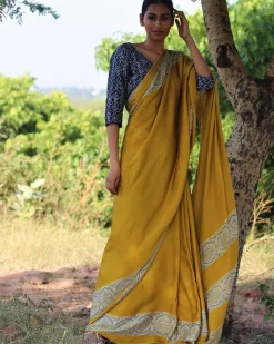 Mustard Blockprinted Modal Silk Saree - Rang