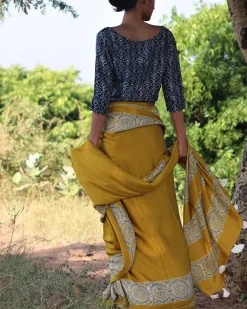 Mustard Blockprinted Modal Silk Saree - Rang