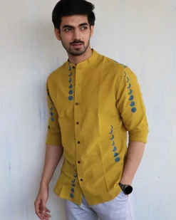 Mustard Eclipes Block-Printed Men'S Shirt
