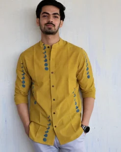 Mustard Eclipes Block-Printed Men'S Shirt