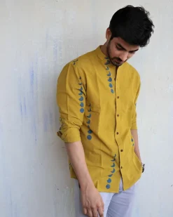 Mustard Eclipes Block-Printed Men'S Shirt