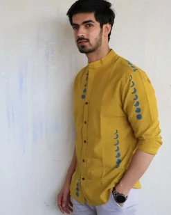 Mustard Eclipes Block-Printed Men'S Shirt