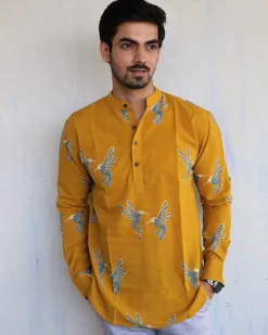 Mustard Flyon Block-Printed Men'S Shirt