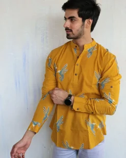 Mustard Flyon Block-Printed Men'S Shirt