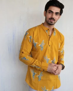 Mustard Flyon Block-Printed Men'S Shirt