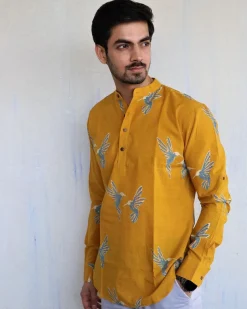 Mustard Flyon Block-Printed Men'S Shirt