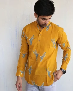Mustard Flyon Block-Printed Men'S Shirt