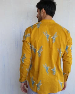Mustard Flyon Block-Printed Men'S Shirt
