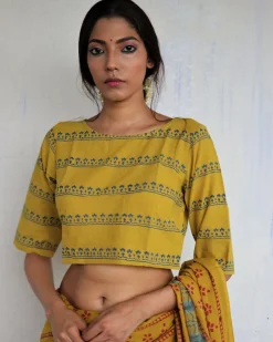 Mustard Handprinted Crop Top Cotton Blouse - God