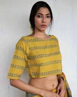 Mustard Handprinted Crop Top Cotton Blouse - God