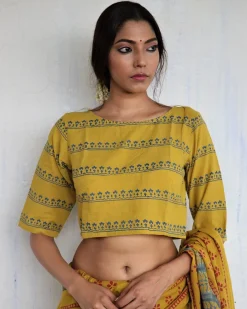 Mustard Handprinted Crop Top Cotton Blouse - God