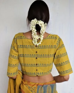 Mustard Handprinted Crop Top Cotton Blouse - God