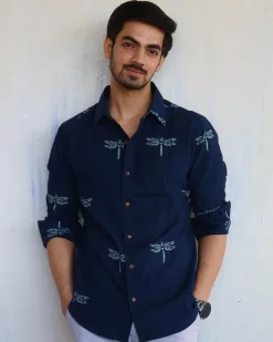 Navy Blue Dragonfly Block-Printed Men'S Shirt