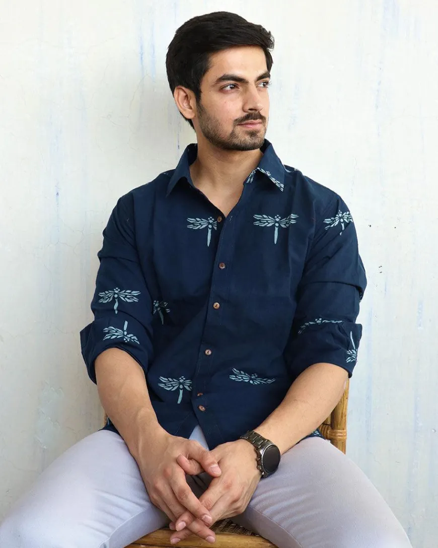 Navy Blue Dragonfly Block-Printed Men'S Shirt