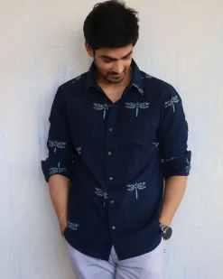 Navy Blue Dragonfly Block-Printed Men'S Shirt