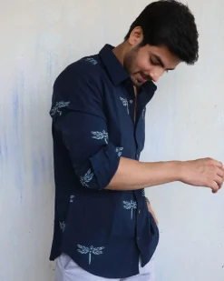 Navy Blue Dragonfly Block-Printed Men'S Shirt