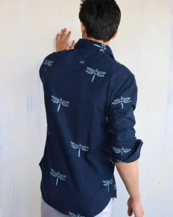 Navy Blue Dragonfly Block-Printed Men'S Shirt