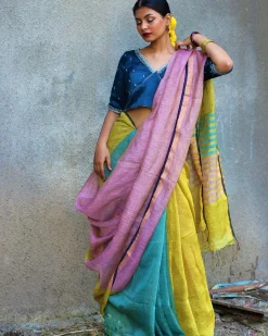 Nazm Handwoven Linen Zari Saree - Gazala