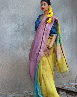Nazm Handwoven Linen Zari Saree - Gazala