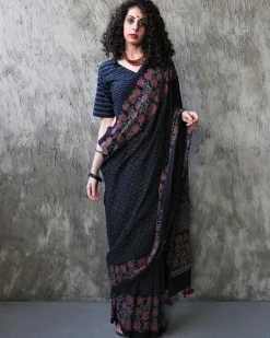 Nazmiyah Handblockprinted Cotton Saree - Kohl