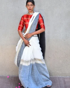 Neoma Handwoven Linen Saree-Stardust