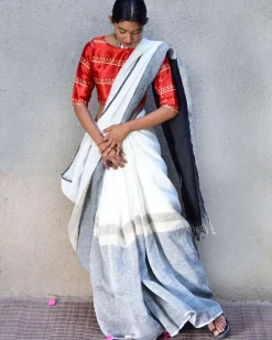 Neoma Handwoven Linen Saree-Stardust