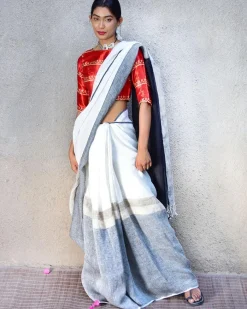 Neoma Handwoven Linen Saree-Stardust