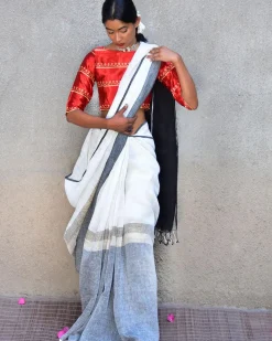 Neoma Handwoven Linen Saree-Stardust