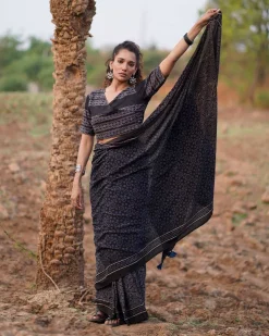 Nightscented Orchids Blockprinted Cotton Saree-WWB