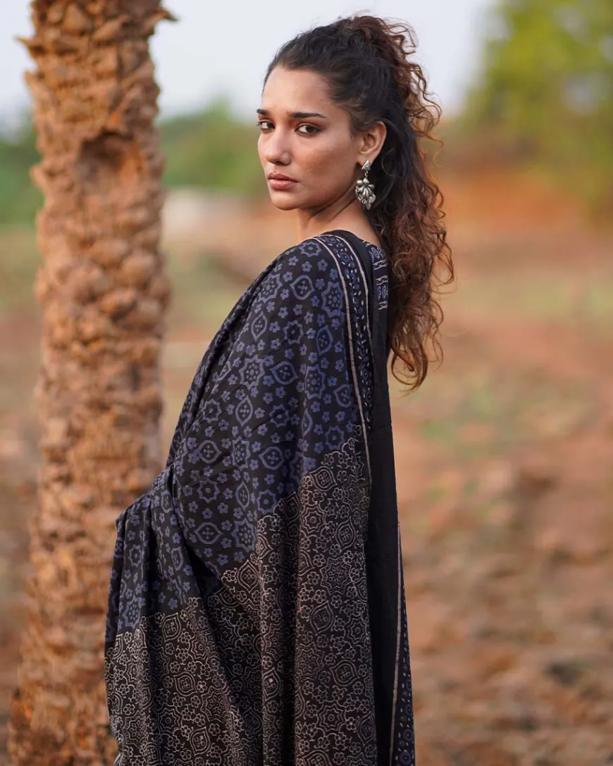 Nightscented Orchids Blockprinted Cotton Saree-WWB