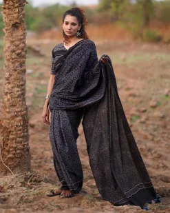 Nightscented Orchids Blockprinted Cotton Saree-WWB