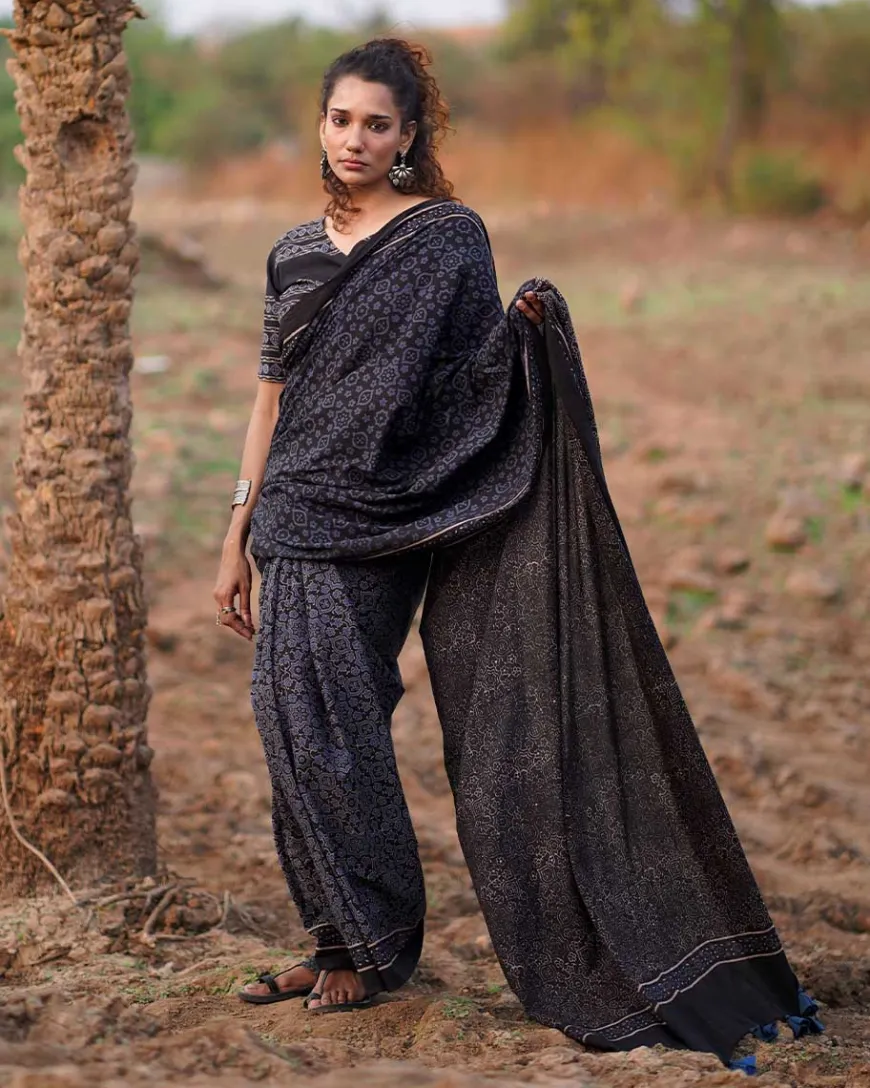 Nightscented Orchids Blockprinted Cotton Saree-WWB